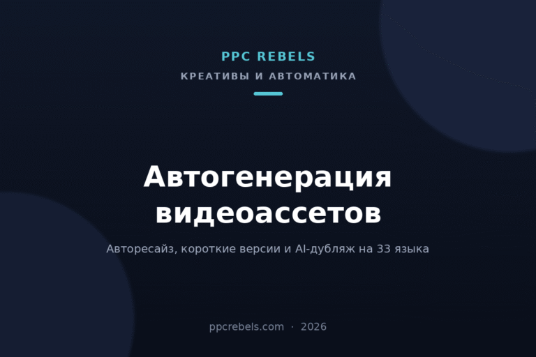 Обложка статьи PPC Rebels об автогенерации видеоассетов в Google Ads 2026: авторесайз и AI-дубляж