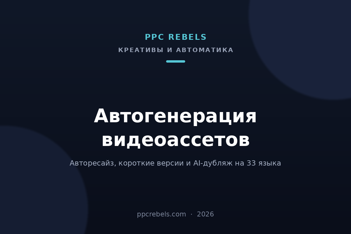 Обложка статьи PPC Rebels об автогенерации видеоассетов в Google Ads 2026: авторесайз и AI-дубляж