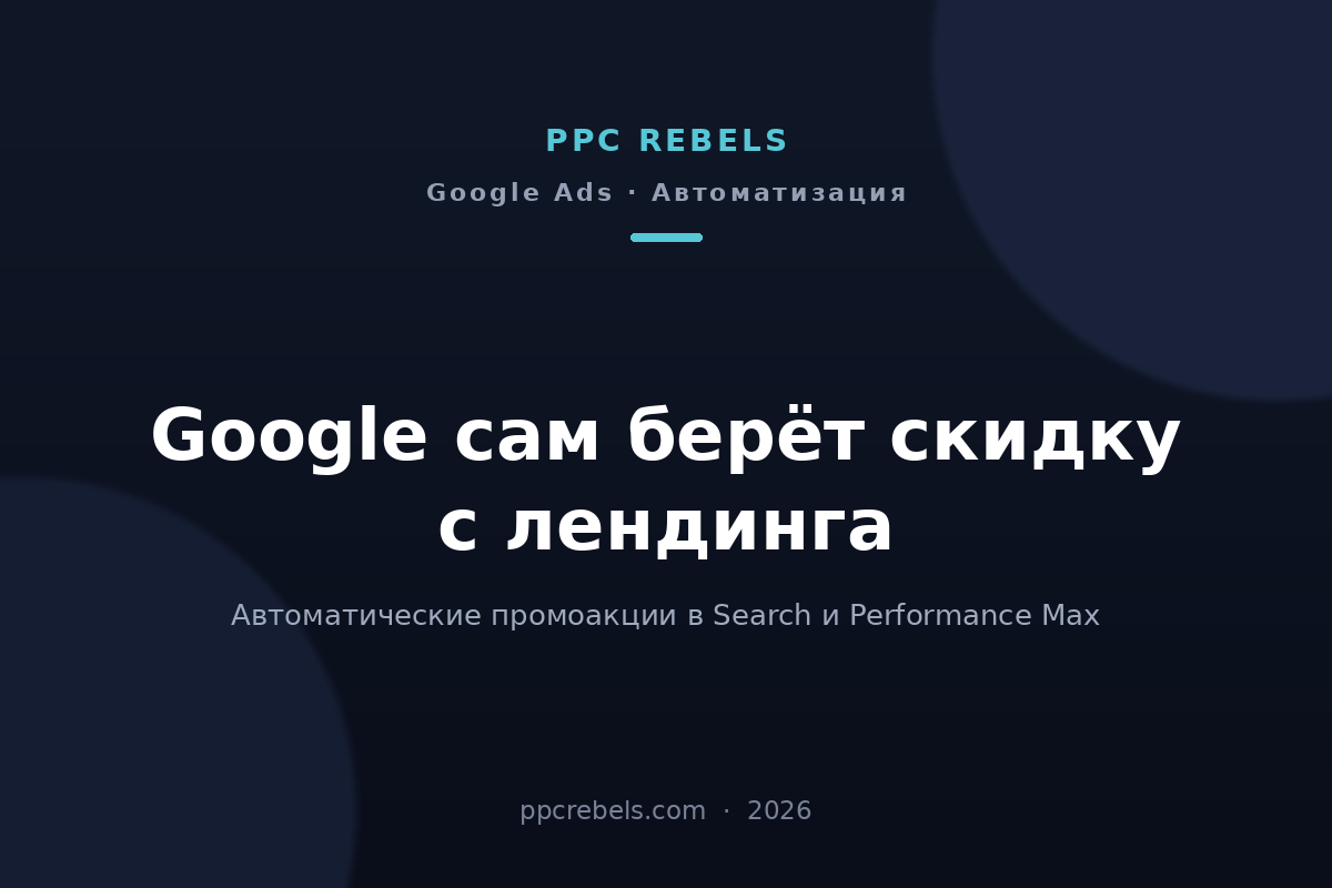 Обложка статьи PPC Rebels 2026 об автоматических промоакциях Google Ads в Search и Performance Max