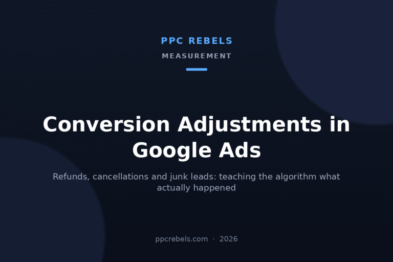 PPC Rebels cover image for the 2026 guide to Google Ads conversion adjustments, restate and retract