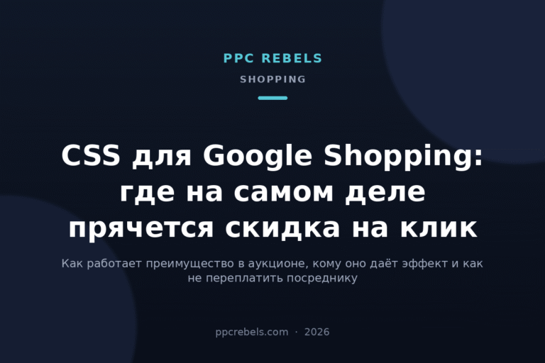 Обложка статьи PPC Rebels о CSS для Google Shopping и скидке на клик в 2026 году