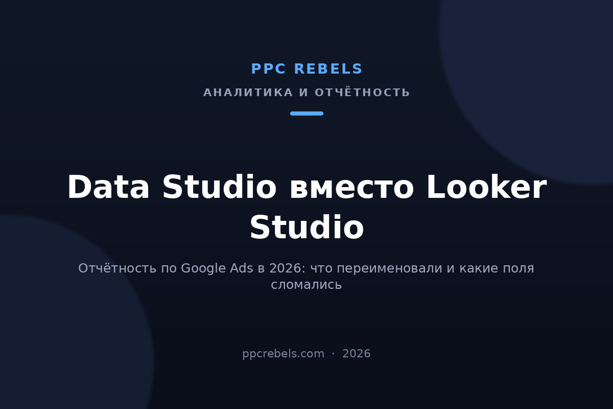Обложка статьи PPC Rebels: Data Studio вместо Looker Studio — отчётность по Google Ads в 2026