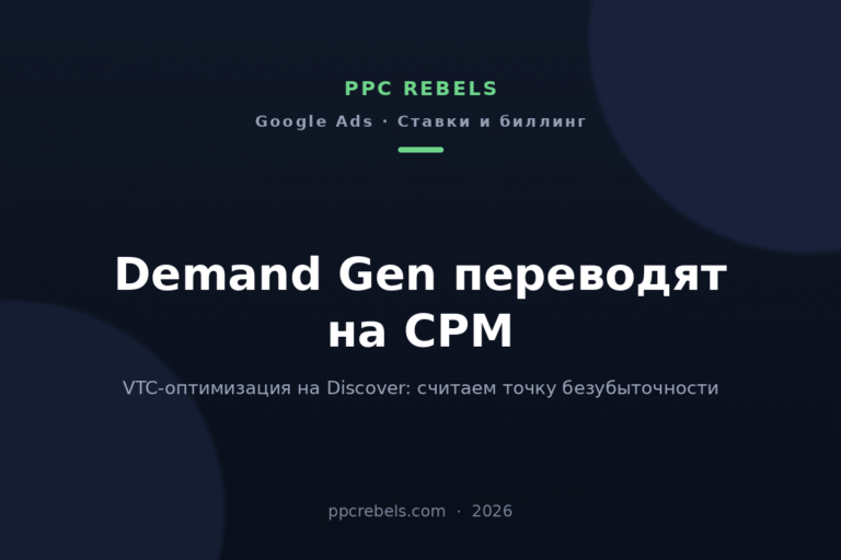 Обложка статьи PPC Rebels 2026 о переходе Demand Gen на биллинг по CPM на инвентаре Discover