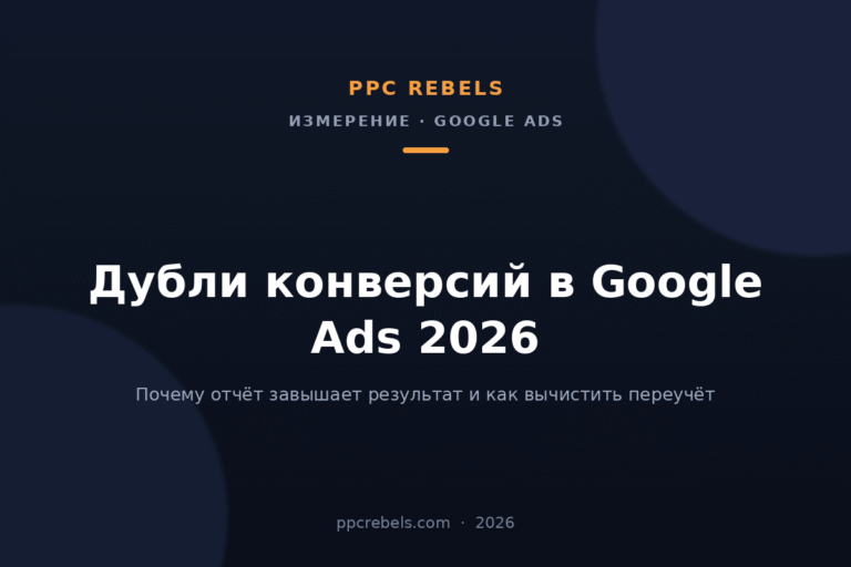 Обложка статьи PPC Rebels: дубли конверсий в Google Ads 2026 — переучёт и дедупликация