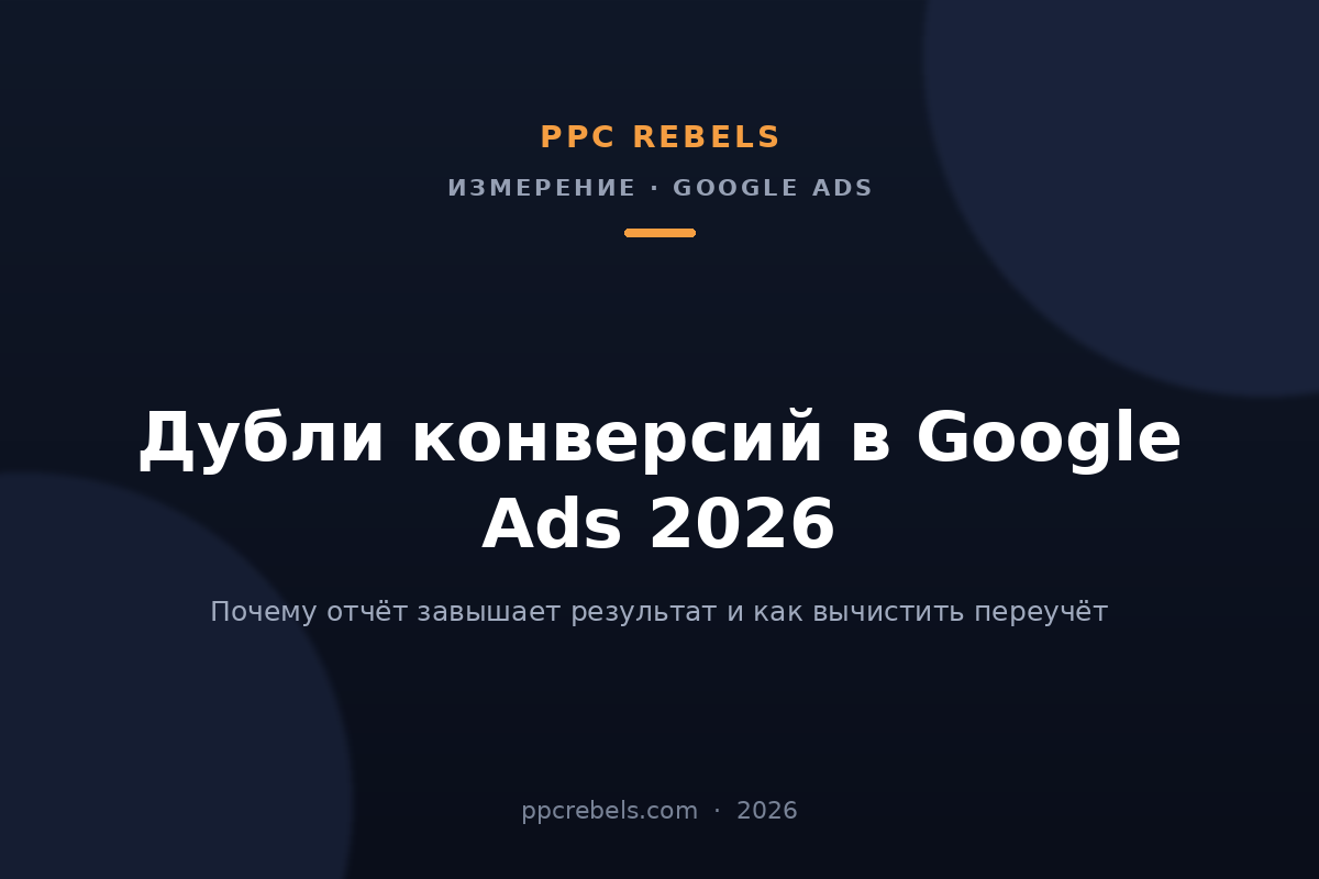 Обложка статьи PPC Rebels: дубли конверсий в Google Ads 2026 — переучёт и дедупликация