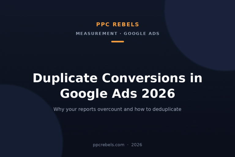 PPC Rebels article cover: duplicate conversions in Google Ads 2026 — overcounting and deduplication