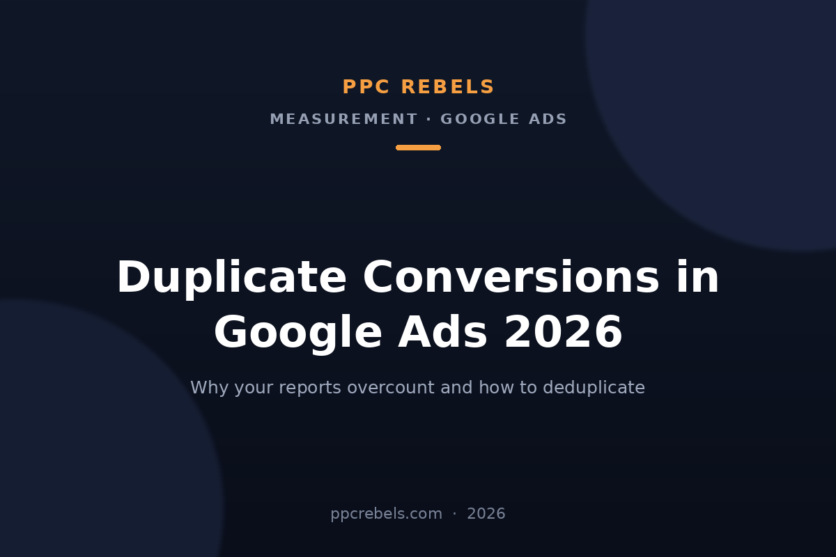 PPC Rebels article cover: duplicate conversions in Google Ads 2026 — overcounting and deduplication
