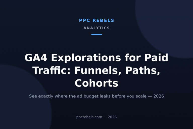 PPC Rebels 2026 article cover about GA4 Explorations: funnels, paths and cohorts for paid traffic