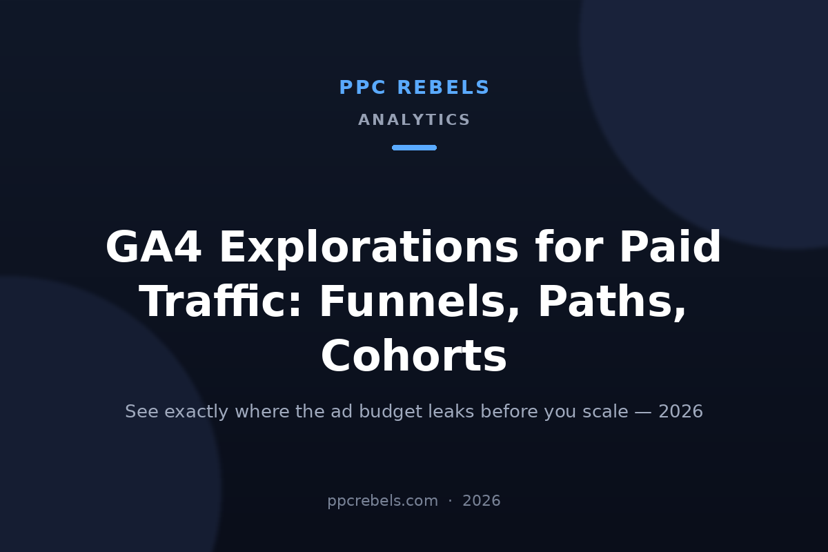 PPC Rebels 2026 article cover about GA4 Explorations: funnels, paths and cohorts for paid traffic