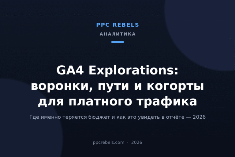 Обложка статьи PPC Rebels 2026 про GA4 Explorations: воронки, пути и когорты для платного трафика
