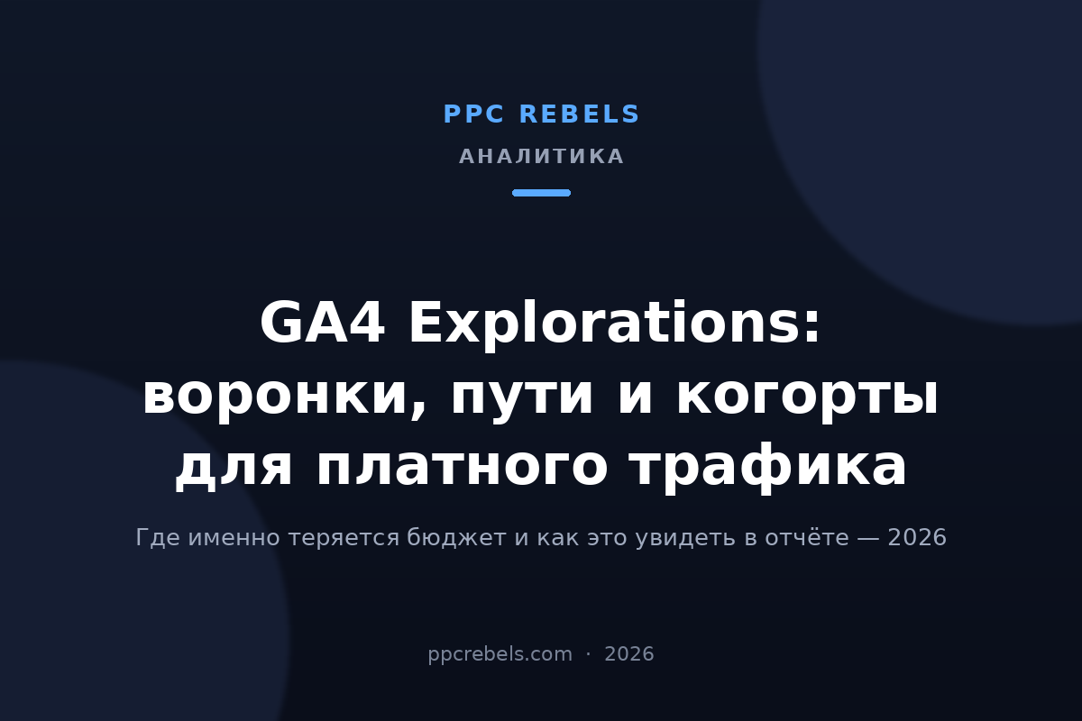 Обложка статьи PPC Rebels 2026 про GA4 Explorations: воронки, пути и когорты для платного трафика
