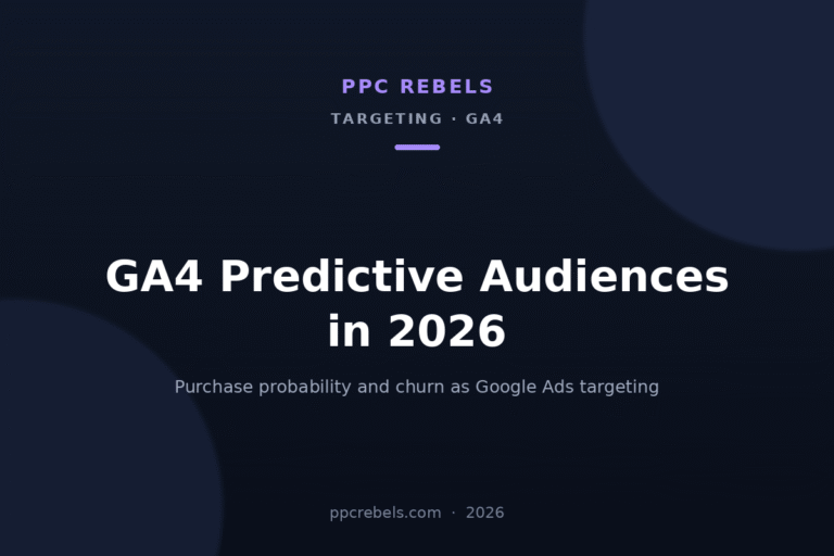 PPC Rebels article cover: GA4 predictive audiences in 2026 — purchase probability and churn as Google Ads targeting