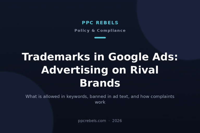 Google Ads trademark policy 2026: PPC Rebels blog article cover on advertising against rival brands