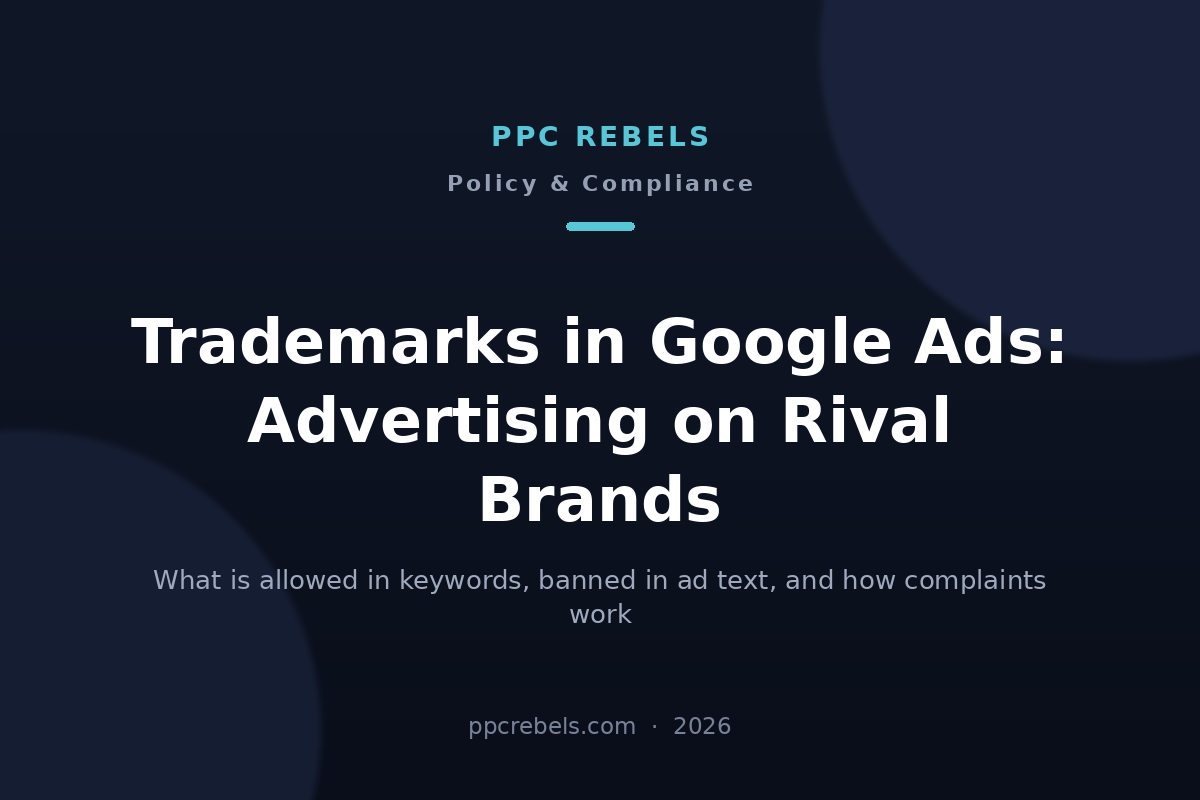 Google Ads trademark policy 2026: PPC Rebels blog article cover on advertising against rival brands