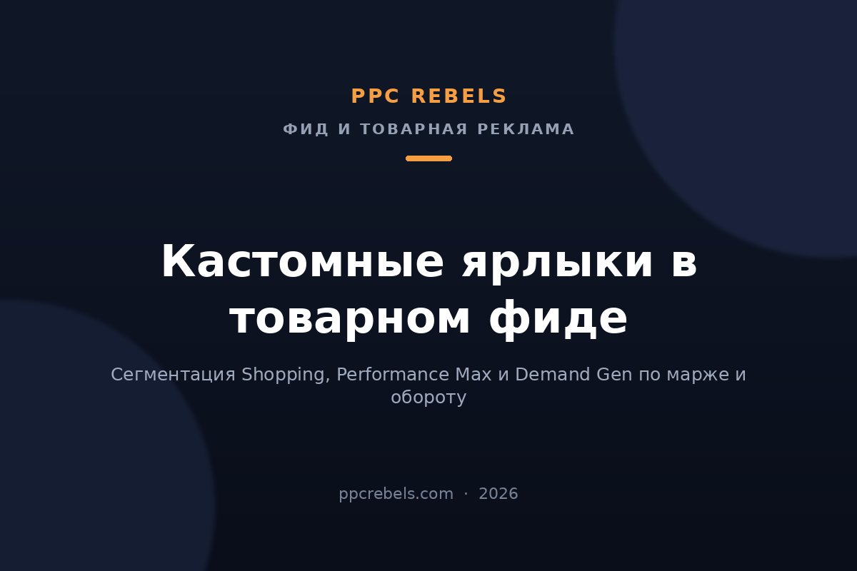 Обложка статьи PPC Rebels: кастомные ярлыки в товарном фиде — сегментация Shopping, PMax и Demand Gen в 2026
