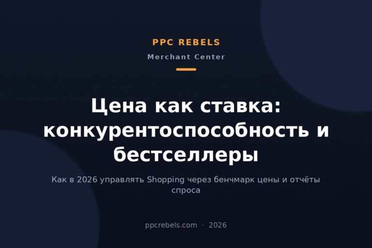 Обложка статьи PPC Rebels 2026 об отчётах конкурентоспособности цен и бестселлеров в Merchant Center
