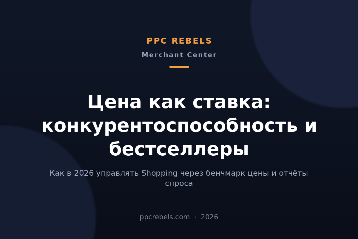 Обложка статьи PPC Rebels 2026 об отчётах конкурентоспособности цен и бестселлеров в Merchant Center