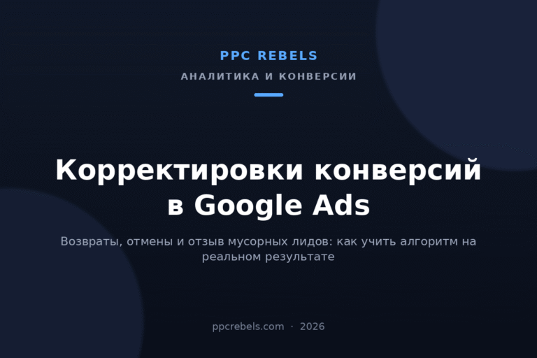 Обложка статьи PPC Rebels о корректировках конверсий в Google Ads 2026: restate и retract