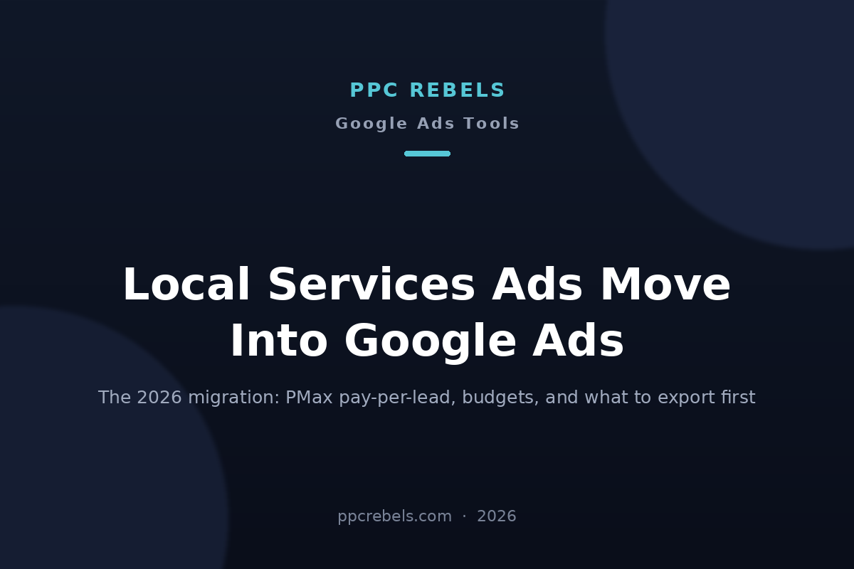 PPC Rebels 2026 cover image about the Local Services Ads migration into Google Ads