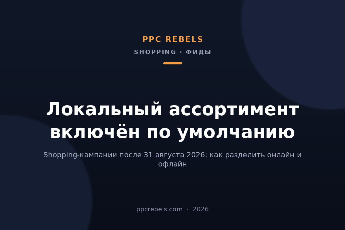 Обложка статьи PPC Rebels о включении локального ассортимента в Shopping-кампаниях Google Ads по умолчанию в 2026 году