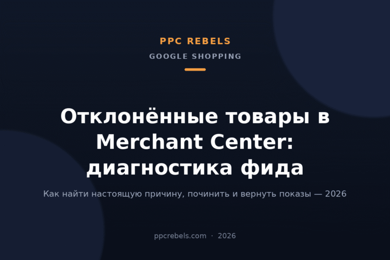 Обложка статьи PPC Rebels 2026 об отклонённых товарах в Merchant Center и диагностике товарного фида