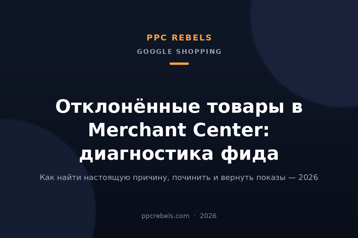 Обложка статьи PPC Rebels 2026 об отклонённых товарах в Merchant Center и диагностике товарного фида