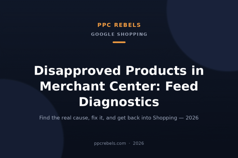 PPC Rebels 2026 article cover about Merchant Center product disapprovals and product feed diagnostics
