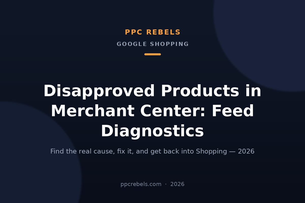 PPC Rebels 2026 article cover about Merchant Center product disapprovals and product feed diagnostics