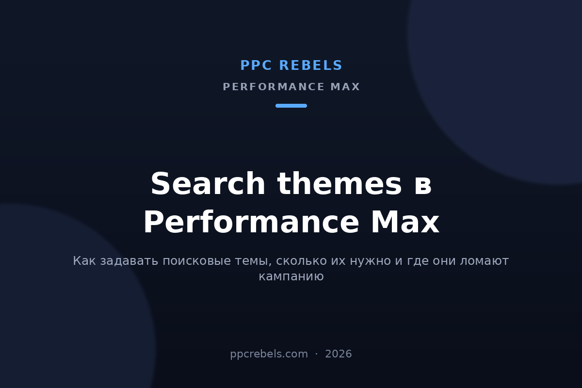 Search themes в Performance Max: обложка материала блога PPC Rebels 2026 года о Google Ads