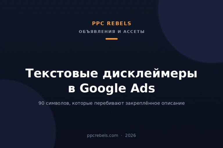 Обложка статьи PPC Rebels о текстовых дисклеймерах в поисковых объявлениях Google Ads в 2026 году