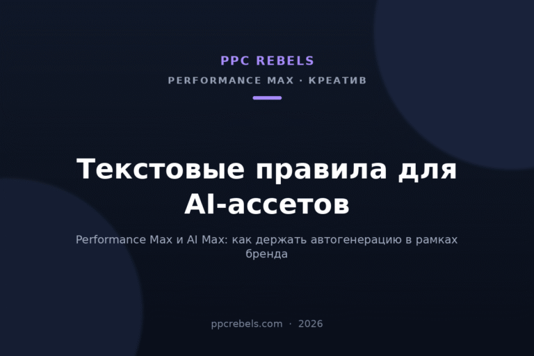 Обложка статьи PPC Rebels о текстовых правилах для автоматически создаваемых ассетов в Performance Max и AI Max в 2026 году