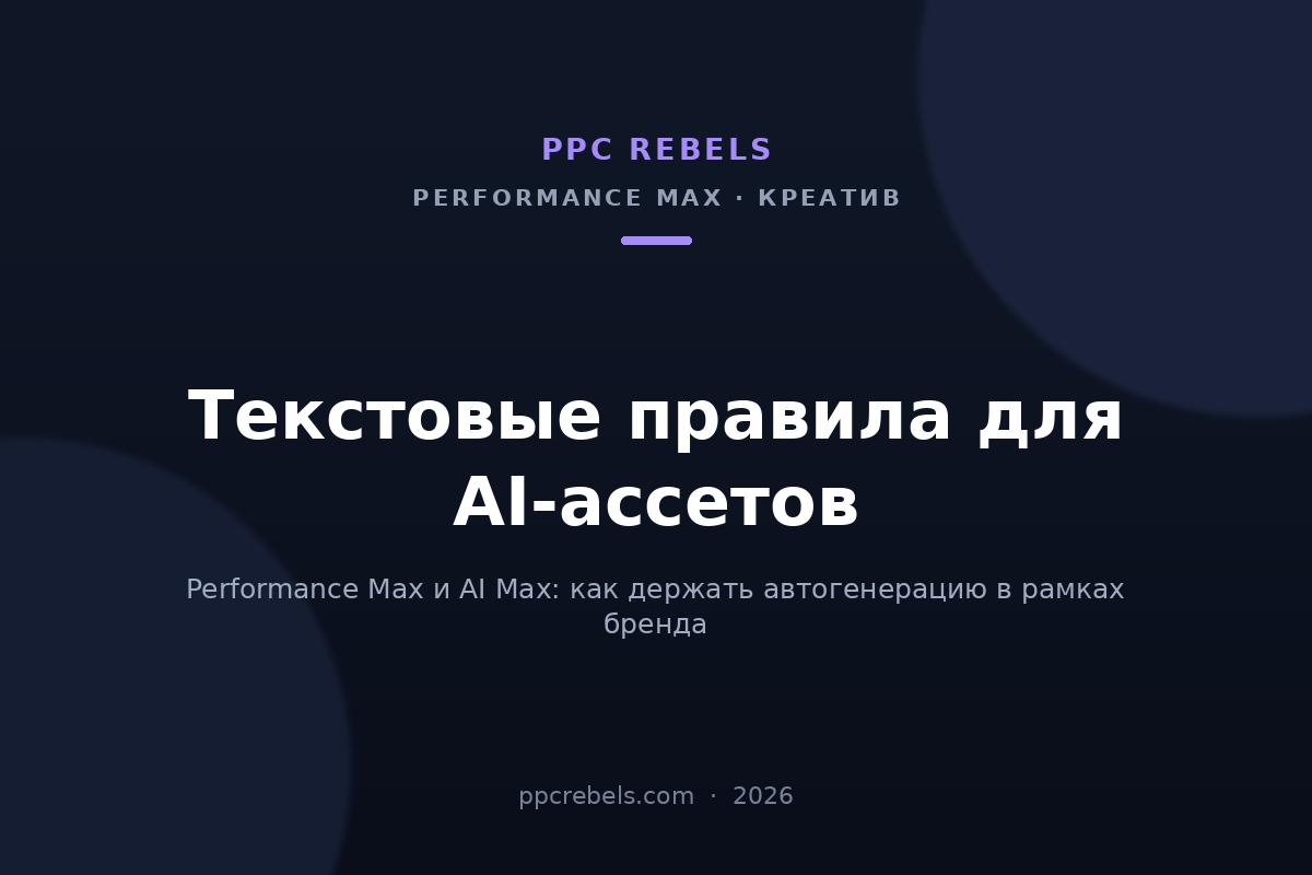 Обложка статьи PPC Rebels о текстовых правилах для автоматически создаваемых ассетов в Performance Max и AI Max в 2026 году