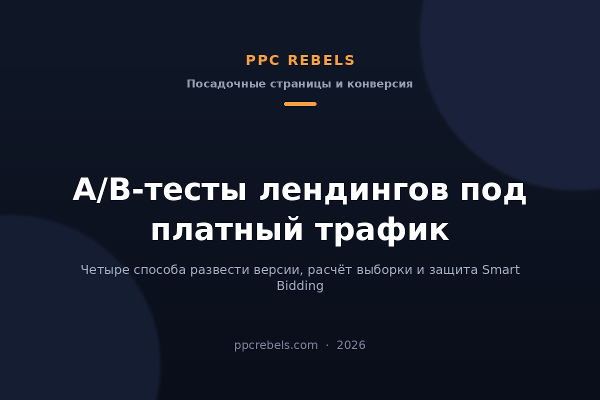 Обложка статьи PPC Rebels 2026 об A/B-тестах лендингов под платный трафик в Google Ads