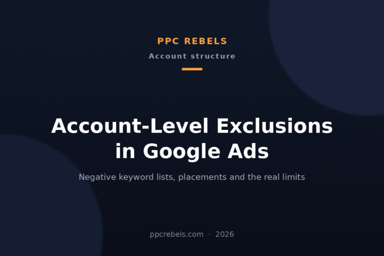 PPC Rebels article cover: account-level exclusions in Google Ads 2026, negative keyword lists, placement exclusions and shared library limits