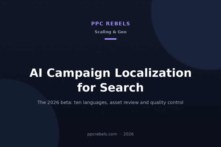 PPC Rebels 2026 article cover on AI campaign localization for Google Ads Search campaigns