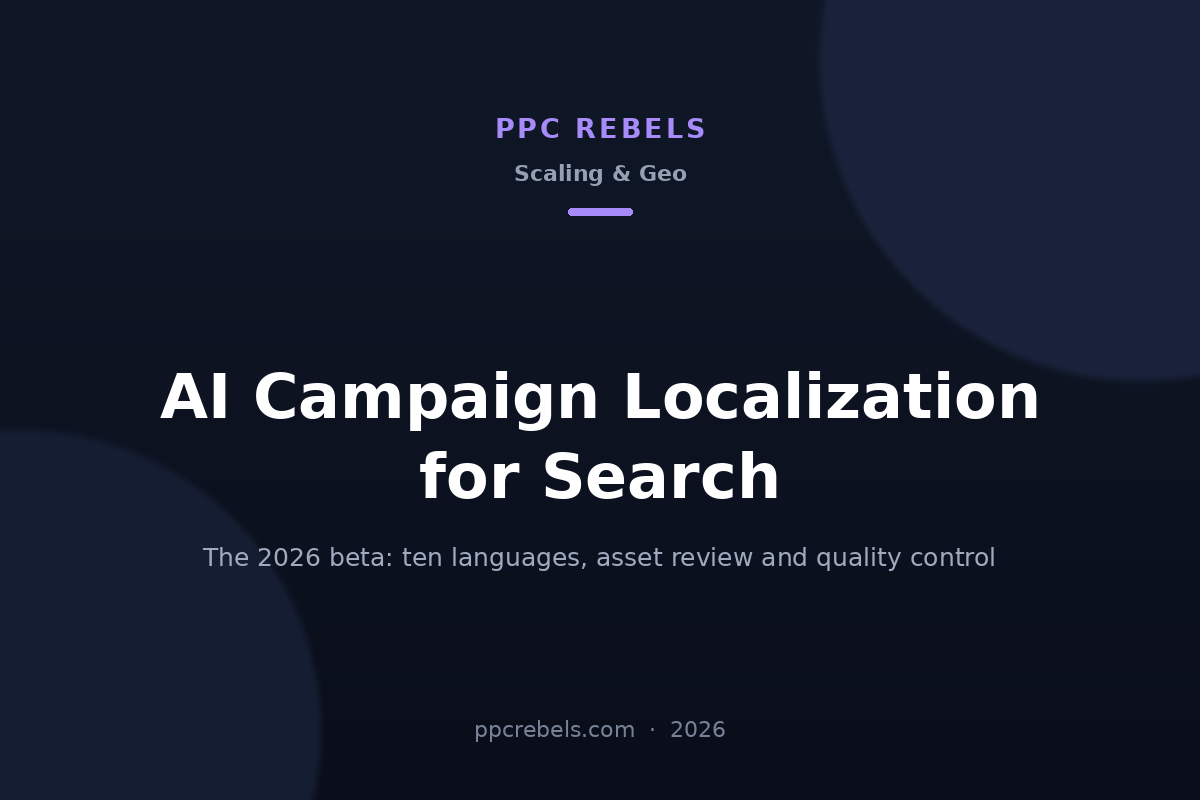 PPC Rebels 2026 article cover on AI campaign localization for Google Ads Search campaigns