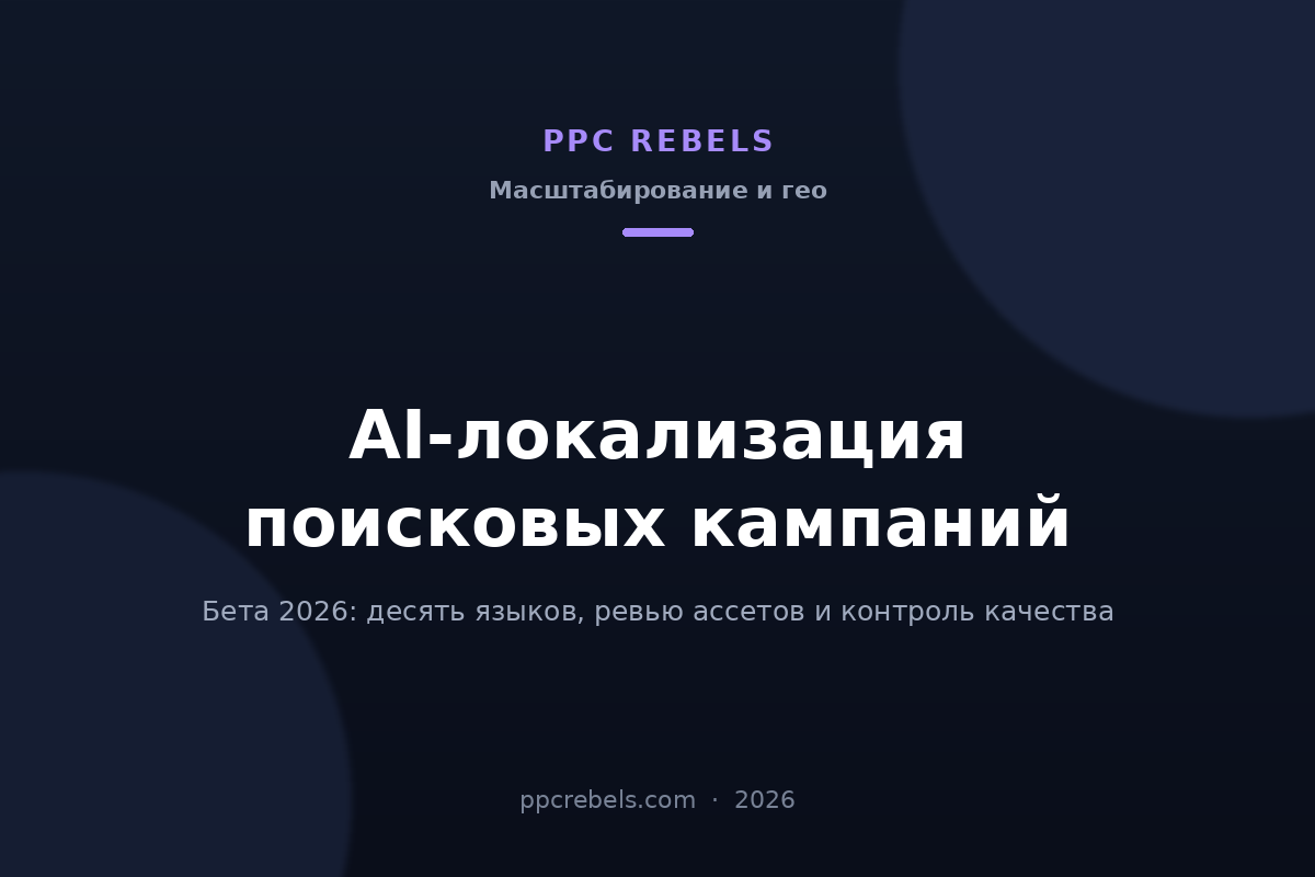 Обложка статьи PPC Rebels 2026 об AI-локализации поисковых кампаний Google Ads