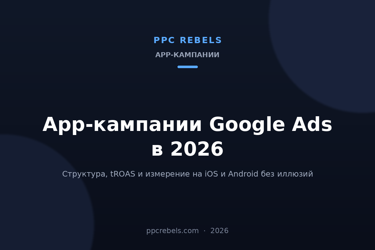 Обложка статьи PPC Rebels 2026 про App-кампании Google Ads, структуру, tROAS и измерение на iOS и Android