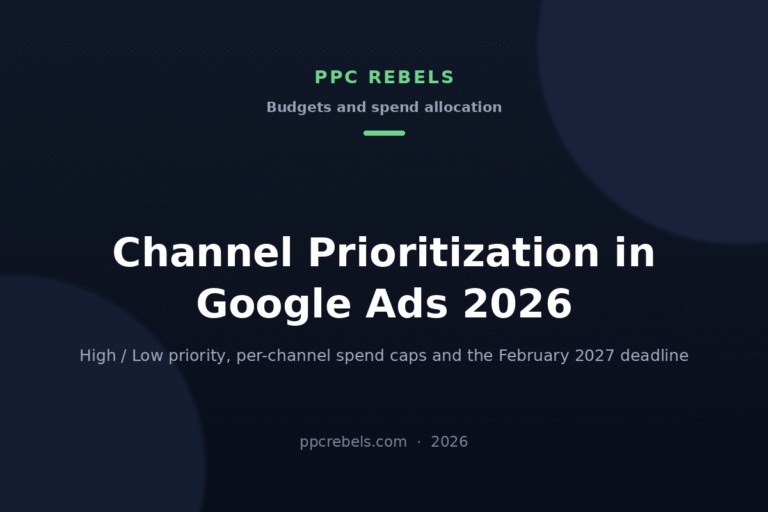 PPC Rebels 2026 cover for the article on channel prioritization and per-channel budget caps in Google Ads