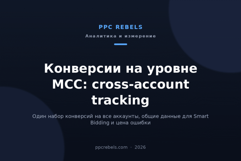 Обложка статьи PPC Rebels про конверсии на уровне MCC и cross-account tracking в Google Ads 2026