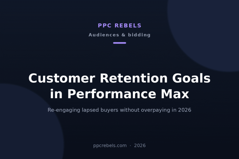 PPC Rebels article cover: customer retention goals in Performance Max 2026, re-engaging lapsed buyers with Customer Match lists