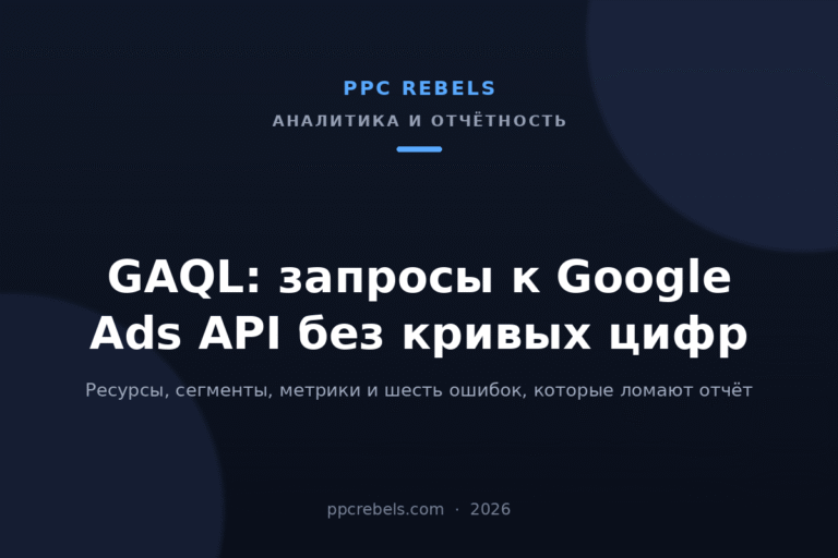 Обложка статьи PPC Rebels про GAQL и запросы к Google Ads API в 2026 году