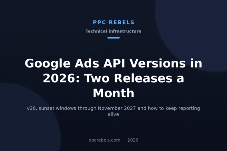PPC Rebels article cover: Google Ads API versions in 2026, twice-monthly releases and sunset dates
