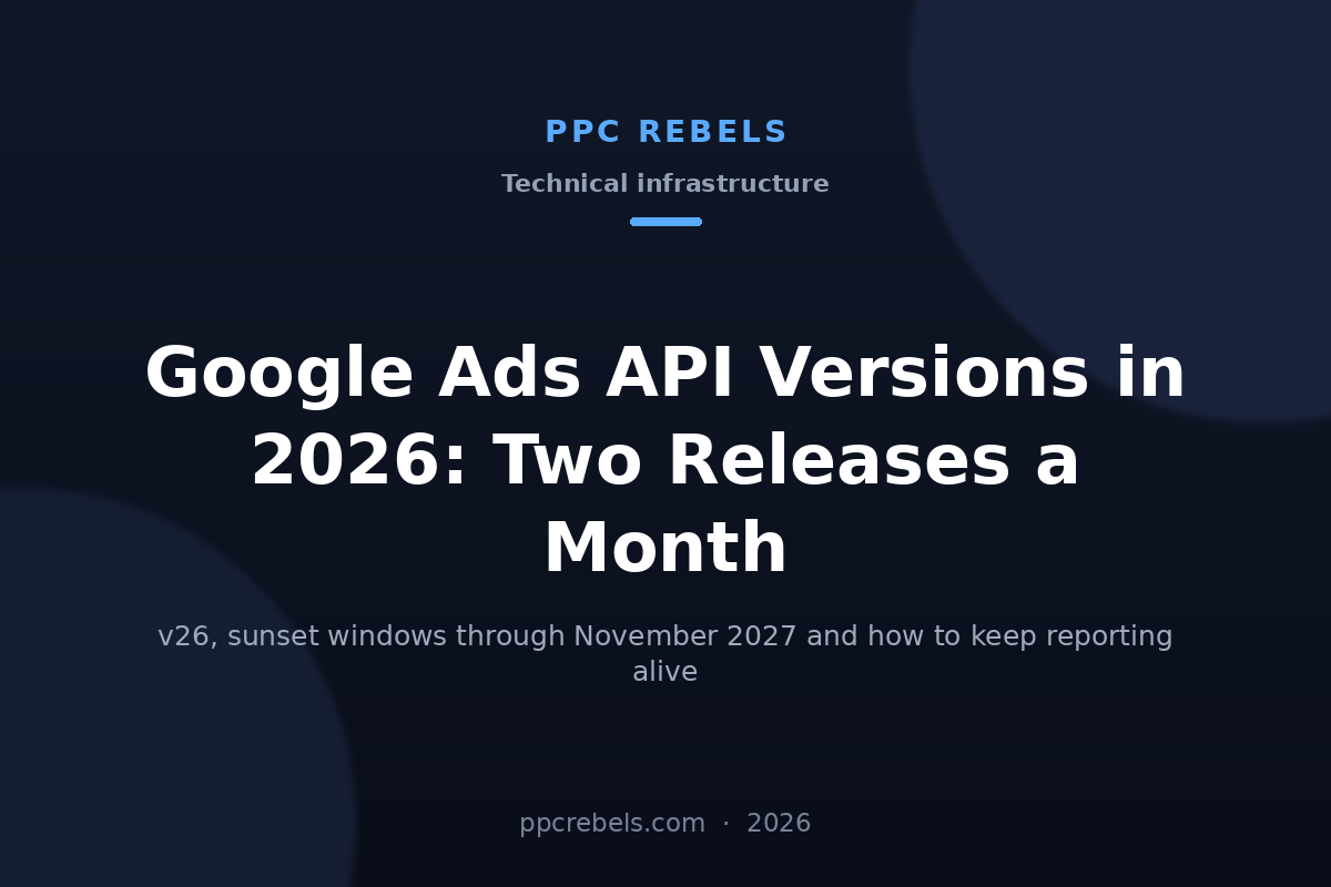 PPC Rebels article cover: Google Ads API versions in 2026, twice-monthly releases and sunset dates
