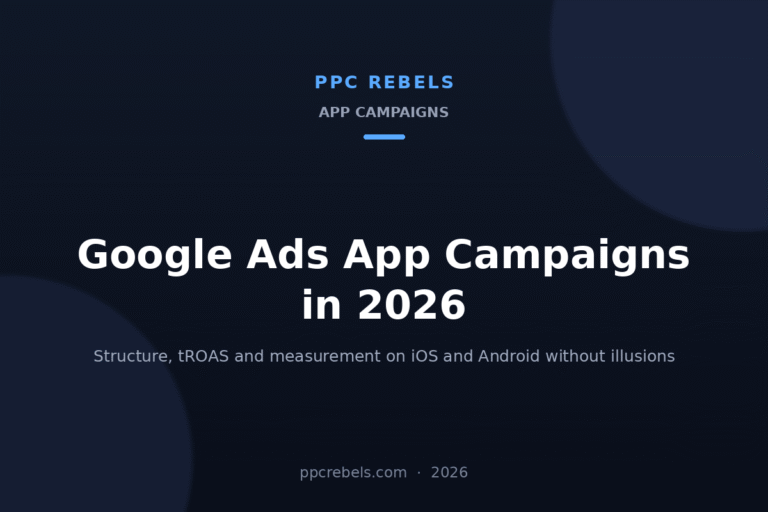 PPC Rebels 2026 cover for the guide on Google Ads App campaigns, structure, tROAS and iOS/Android measurement