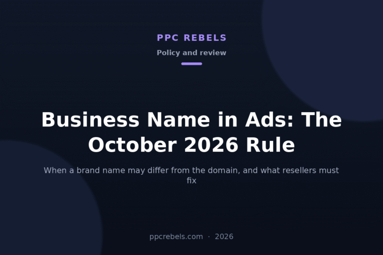 PPC Rebels article cover: the October 2026 Google Ads business name rule and matching your domain