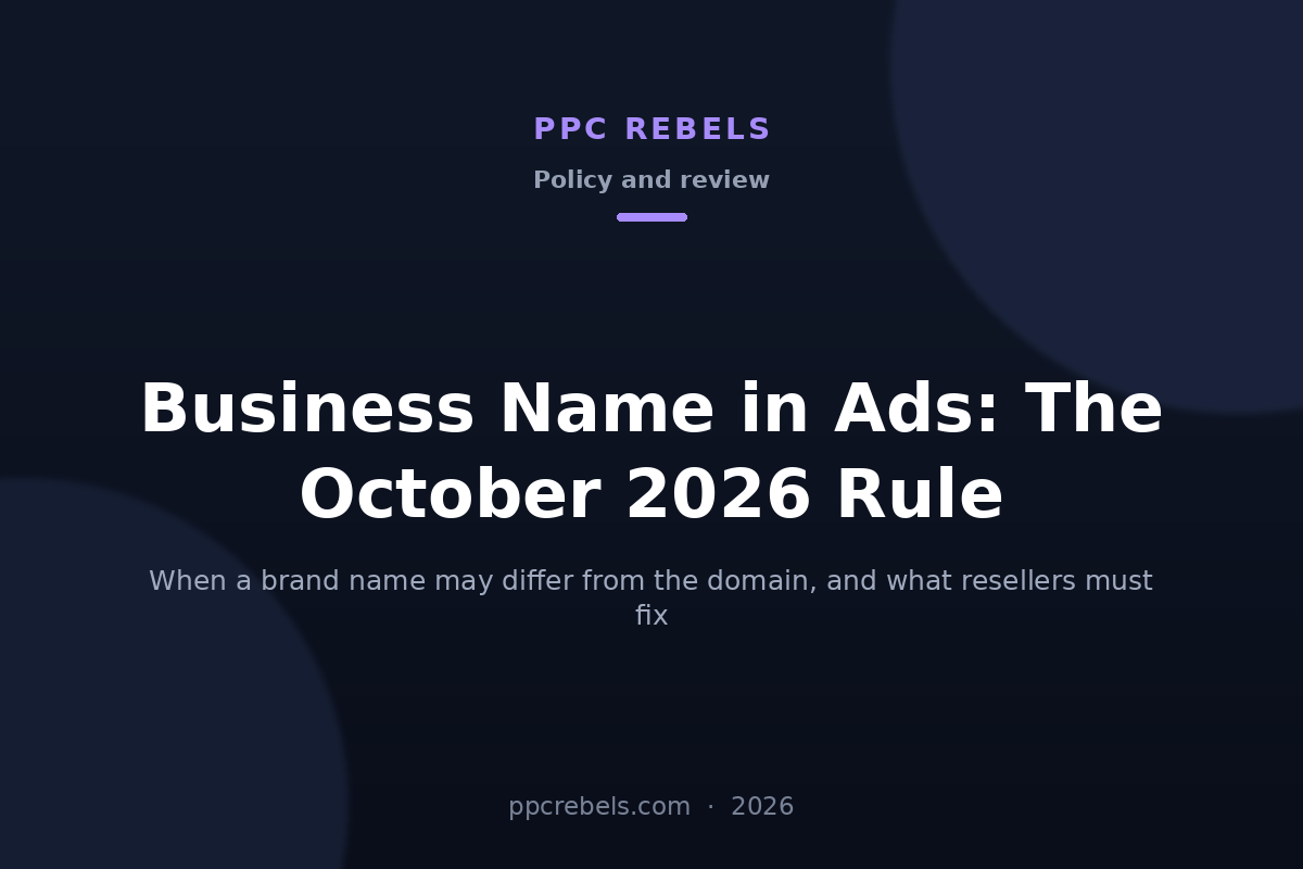 PPC Rebels article cover: the October 2026 Google Ads business name rule and matching your domain