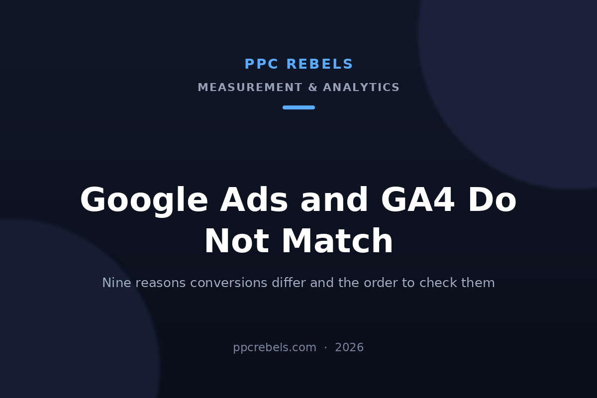 PPC Rebels 2026 cover image for the guide to conversion discrepancies between Google Ads and GA4