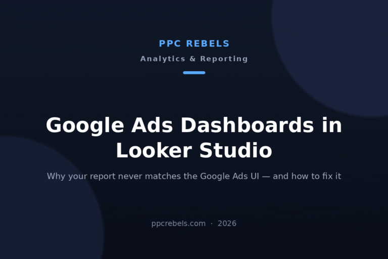 PPC Rebels article cover: Google Ads dashboards in Looker Studio 2026 — why your report never matches the Google Ads UI