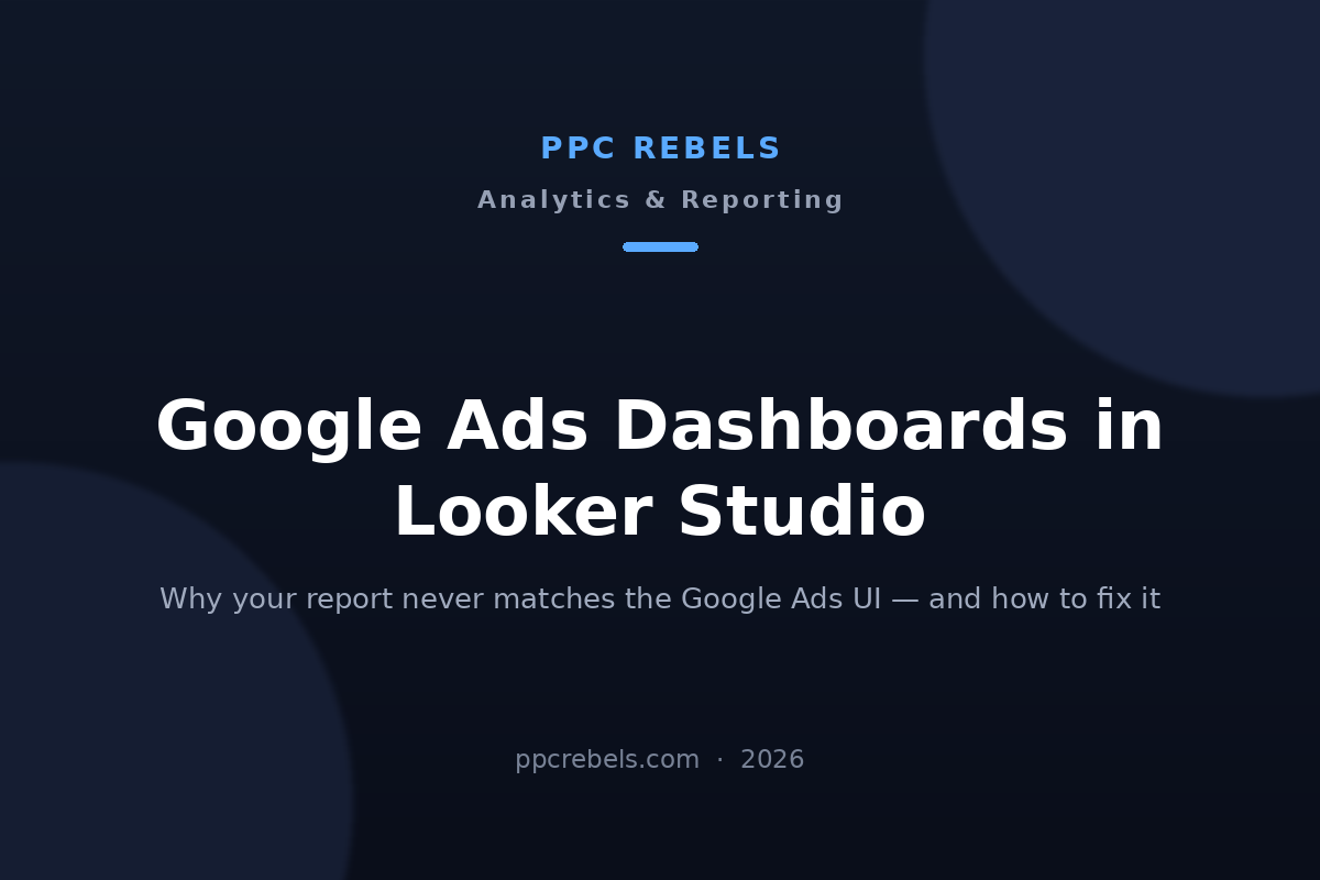 PPC Rebels article cover: Google Ads dashboards in Looker Studio 2026 — why your report never matches the Google Ads UI